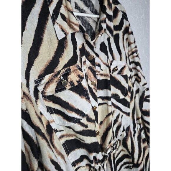 JM Collection Zebra Linen Safari Button Down Shirt Jacket Cinch Waist Size XL - Picture 2 of 6